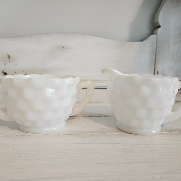 Vintage, Hazel Atlas, Milk Glass Cream and Sugar Set, Cube Pattern - Picture 2 of 6